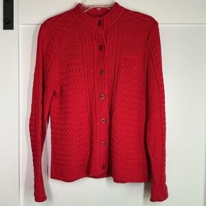 LL Bean Womens Cardigan Sweater Size Medium Red Fisherman Cable Knit Chunky